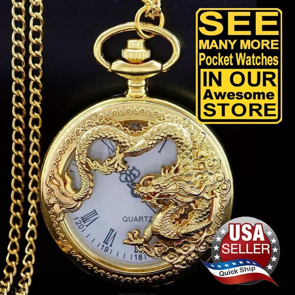 Pocket Watch & Chain • Chinese Royal Dragon • Roman Numerals • Gold Anodized